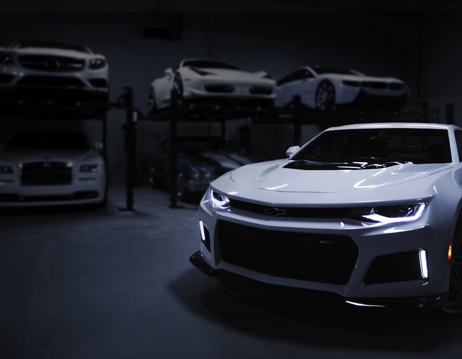 Glowing white sports car in a dark luxury garage, evoking a confident next coverage choice